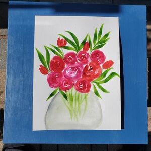 Floral Art Painting with Pink and Green Accents.  12in. X 9in.
